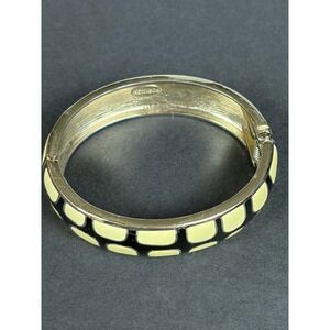 Fornash Vintage Enamel Hinged Bangle Bracelet Gold Tone Cream Black Geometric